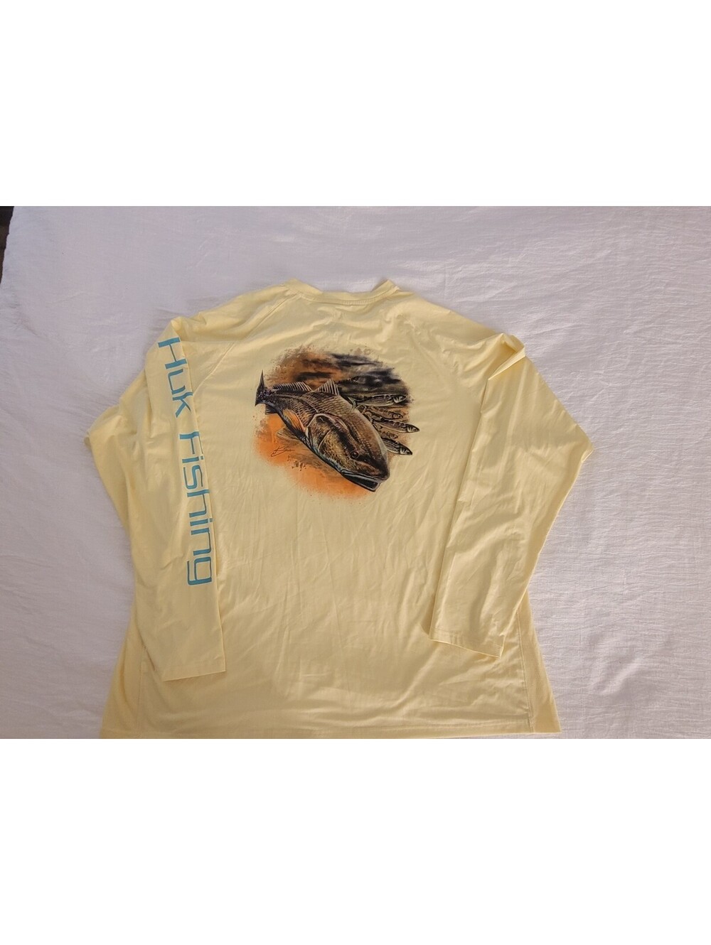 HUK Performance Fishing Shirt Mens XXXL 3XL Yellow Long Sleeve Graphic Fish UPF